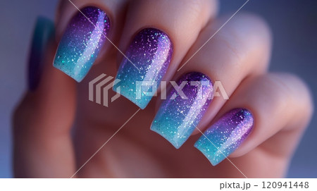 Gradient magic manicure close-up, sparkling multicolor nails design for beauty and fashion concepts 120941448