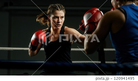Intense female boxing match in the ring highlighting determination and skill for sports and fitness design 120941495