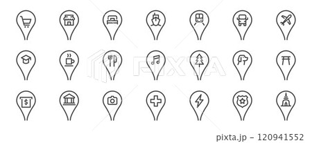 Map pin icon set. It included contexts such as location, place, destination, marker, point, and more. Editable Vector Stroke. 120941552