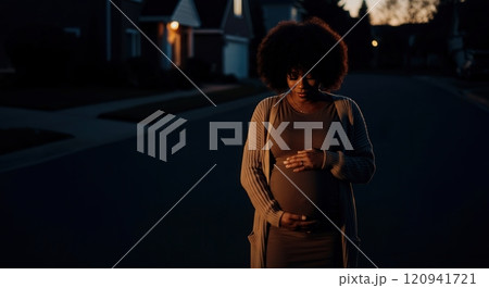 Evening serenity: pregnant african adult female embracing motherhood in quiet neighborhood 120941721