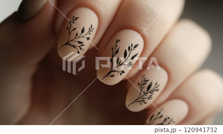 Elegant matte beige nail art with botanical designs for chic and modern style 120941732