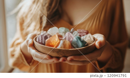 Diverse Collection of Colorful Crystals in Wooden Tray for Bohemian Decor and Healing 120941791