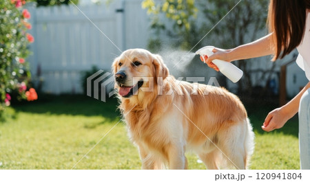 Summer pet care concept with golden retriever in sunny garden 120941804