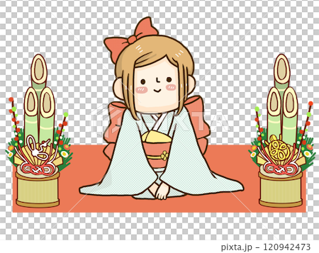 着物女子とお正月の門松が飾られたイラスト 120942473