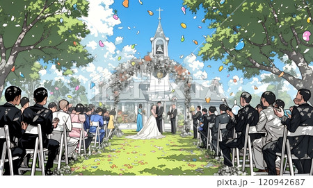 晴天の日のウェディングベルの鳴り響く中の結婚式