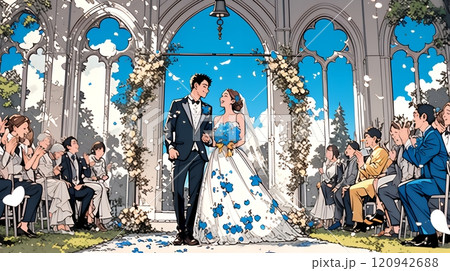 晴天の日のウェディングベルの鳴り響く中の結婚式