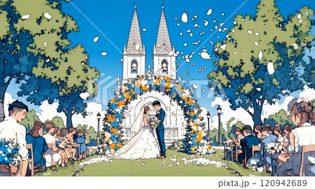 晴天の日のウェディングベルの鳴り響く中の結婚式