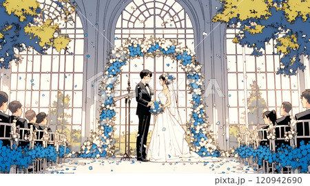 晴天の日のウェディングベルの鳴り響く中の結婚式