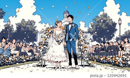 晴天の日のウェディングベルの鳴り響く中の結婚式