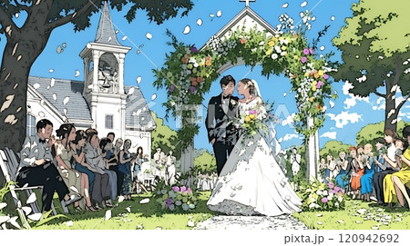 晴天の日のウェディングベルの鳴り響く中の結婚式