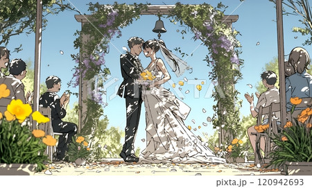 晴天の日のウェディングベルの鳴り響く中の結婚式
