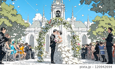 晴天の日のウェディングベルの鳴り響く中の結婚式