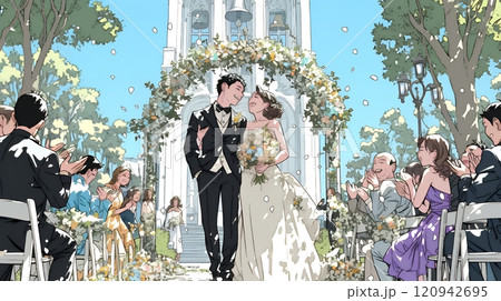 晴天の日のウェディングベルの鳴り響く中の結婚式