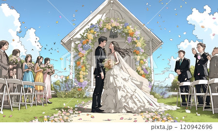 晴天の日のウェディングベルの鳴り響く中の結婚式