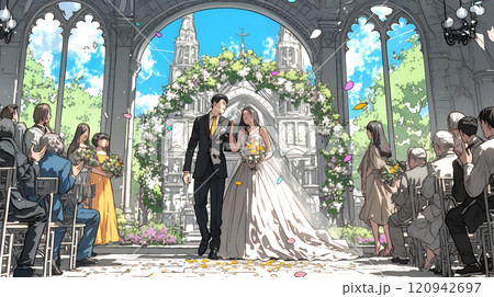 晴天の日のウェディングベルの鳴り響く中の結婚式