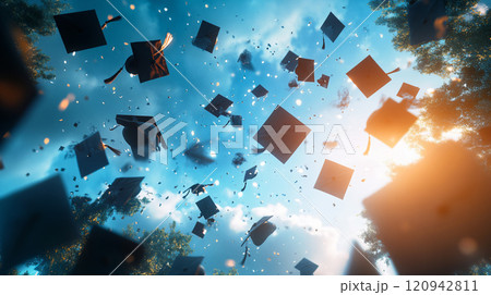 Graduation hats soaring into a clear blue sky. graduation caps in the air. AI Generated. Graduation hats soaring into a clear blue sky. graduation caps in the air. AI Generated. 120942811