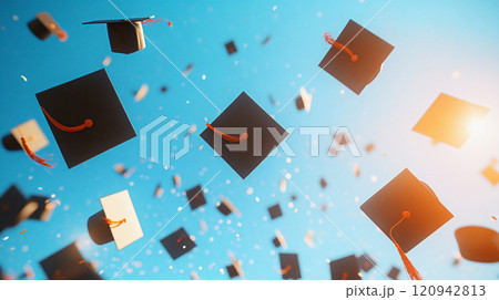 Graduation hats soaring into a clear blue sky. graduation caps in the air. AI Generated. Graduation hats soaring into a clear blue sky. graduation caps in the air. AI Generated. 120942813