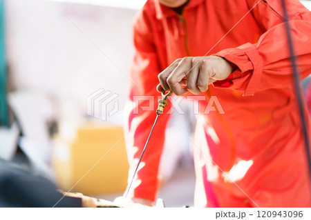 Professional automobile technician inspects customer's vehicle liquid system and engine oil level. Technician working in garage. 120943096