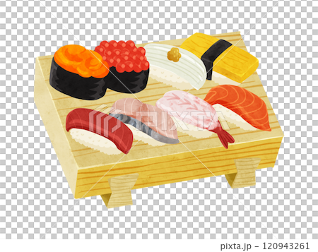寿司下駄に盛り付けした生寿司8貫セット 水彩風手描きイラスト 寿司下駄に盛り付けした生寿司8貫セット 水彩風手描きイラスト 120943261