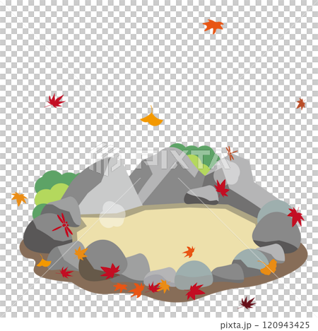 落ち葉が舞う露天風呂のベクターイラスト 120943425