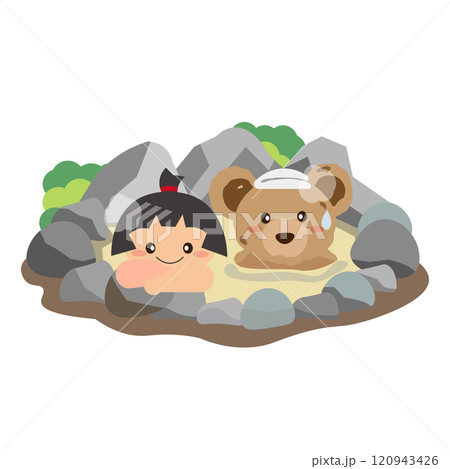 露天風呂に入る金太郎とくまのぬいぐるみのイラスト 120943426