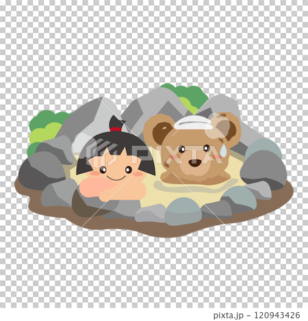 露天風呂に入る金太郎とくまのぬいぐるみのイラスト 120943426
