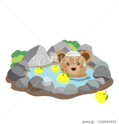 柚子の入った露天風呂に入るクマのぬいぐるみのイラスト 120943430