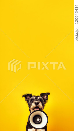 A terrier dog holding a megaphone against a bright yellow background, symbolizing loudness and energy. The vertical layout provides ample copy space for messaging 120943434