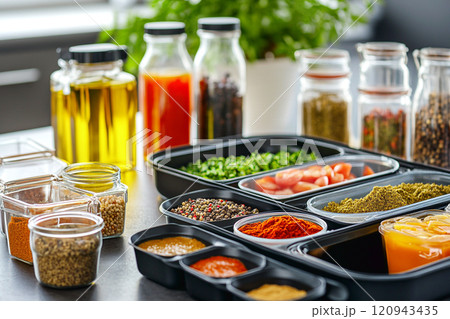 A collection of food containers filled with various seasonings and spices, neatly arranged on a wooden surface. Vibrant colors of red chili powder, golden turmeric, green herbs, and brown cumin seeds 120943435