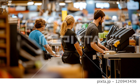 retail trade, showcasing a large number of workers in a busy supermarket. The scene highlights various employees engaged in tasks such as stocking shelves 120943436