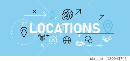 Locations business store location map pointer marker pin symbol web header illustration concept with icon flat bright blue color Locations business store location map pointer marker pin symbol web header illustration concept with icon flat bright blue color 120943745
