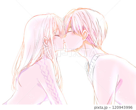 キスする男女　冬　線画　逆光 120943996