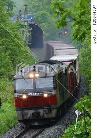 雨のオサワ信号場を駆け抜ける石勝線の貨物列車 120944097