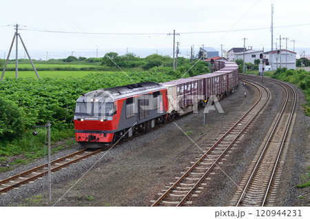 行き違い列車待ち合わせのため厚内駅にゆっくりと進入する貨物列車 120944231