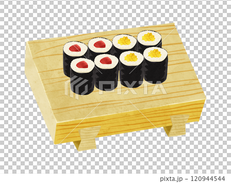 Tekkamaki and Takuan rolls served on sushi geta, watercolor-style hand-drawn illustration 120944544