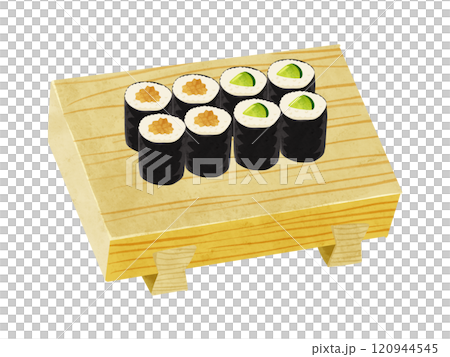 Natto rolls and kappa rolls served on sushi geta, watercolor-style hand-drawn illustration Natto rolls and kappa rolls served on sushi geta, watercolor-style hand-drawn illustration 120944545