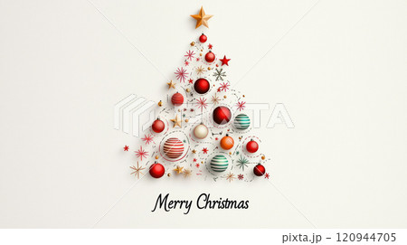Merry Christmas tree decorated with colorful ornaments and stars 120944705
