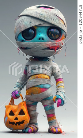Cyberpunk mummy with colorful bandages holding a trick-or-treat bag Concept blends lowbrow pop surrealism with digital anime and 3D elements 120944718