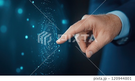 A businesspersons hand interacts with digital interface, showcasing technology and innovation. image conveys sense of engagement and modernity. 120944801