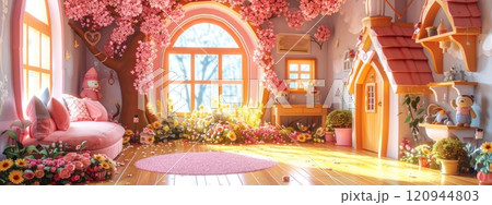 Fairy Tale Cottage Interior. Fiction Children Backdrop. Concept Art. Realistic Illustration. Video Game Digital CG Artwork. House Building Scenery. Fairy Tale Cottage Interior. Fiction Children Backdrop. Concept Art. Realistic Illustration. Video Game Digital CG Artwork. House Building Scenery. 120944803