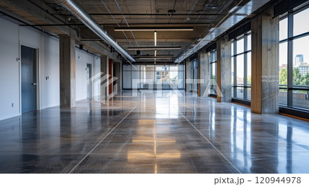 A large, empty room with a view of a city skyline A large, empty room with a view of a city skyline 120944978