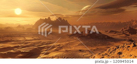 A desert landscape with a large rock in the foreground A desert landscape with a large rock in the foreground 120945014