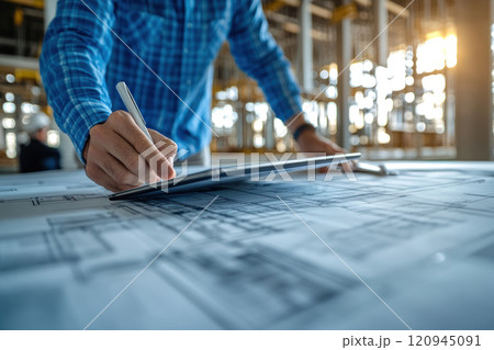 construction professional reviewing blueprints on tablet in building site 120945091