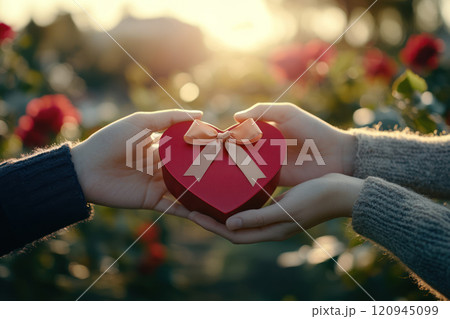romantic moment with two hands holding red heart shaped gift box, surrounded by roses 120945099