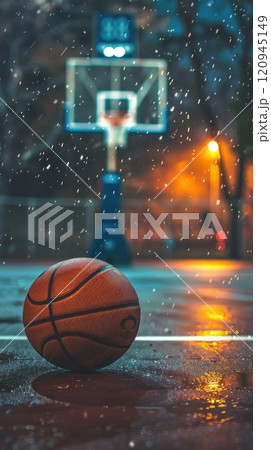 A basketball is sitting on the ground in front of a basketball hoop 120945149