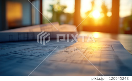 Blueprints spread on table illuminated by warm sunlight through large windows 120945248