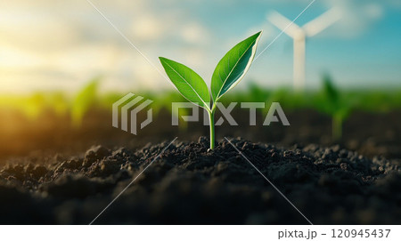 young plant grows in rich soil, symbolizing sustainability and hope 120945437