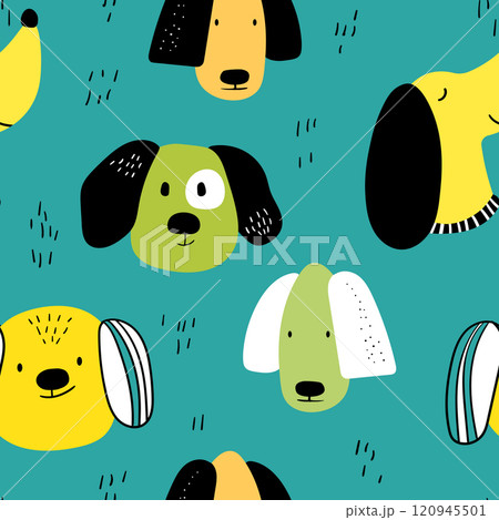 Vector seamless repeating childish pattern with cute dogs in Scandinavian style. Animals background with dog, pets, puppy for invitation, poster, card, flyer, textile, fabric 120945501