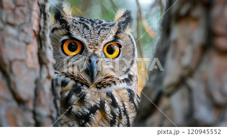 A large owl with yellow eyes is peeking out from behind a tree trunk 120945552