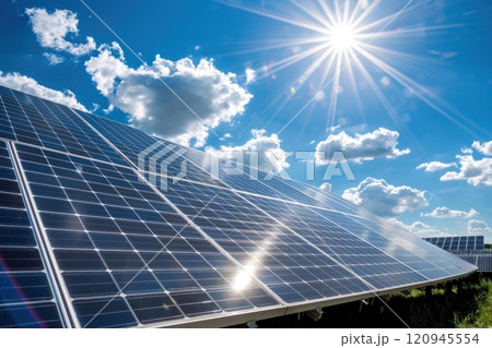 A solar panel array is shown in the sunlight 120945554